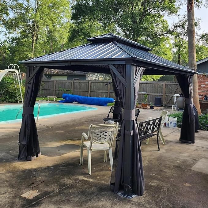 Domi 12’ X 12’ Hardtop Gazebo Canopy with Netting & Curtains, Outdoor Metal Gazebo with Galvanized Steel Double Roof for Patio Lawn and Garden, Gray