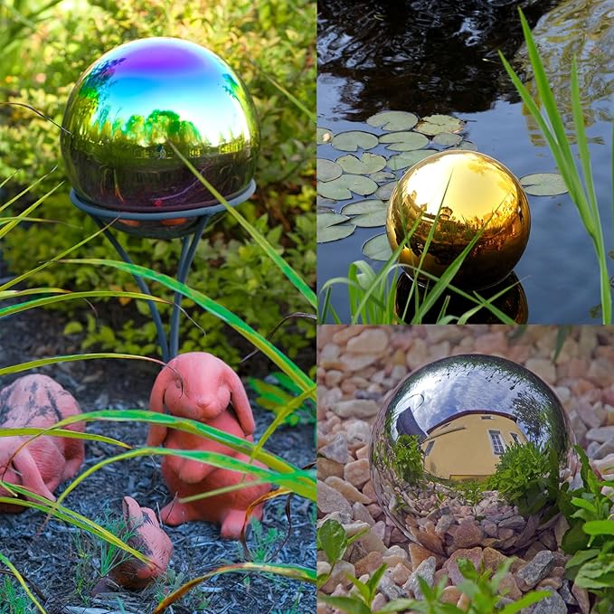 uxcell Rainbow Gazing Ball 4.7 Inch 120mm Reflective Sphere Polished Hollow Ball, Stainless Steel Gazing Globe Mirror Ball for Home Outdoor Decoration