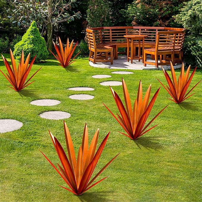 TOMBABY Large Leaf Thickened Metal Agave Plant Outdoor Decoration Desert Courtyard Art Plant Garden Decoration Outdoor Metal Art Floral Gift (1, RED)