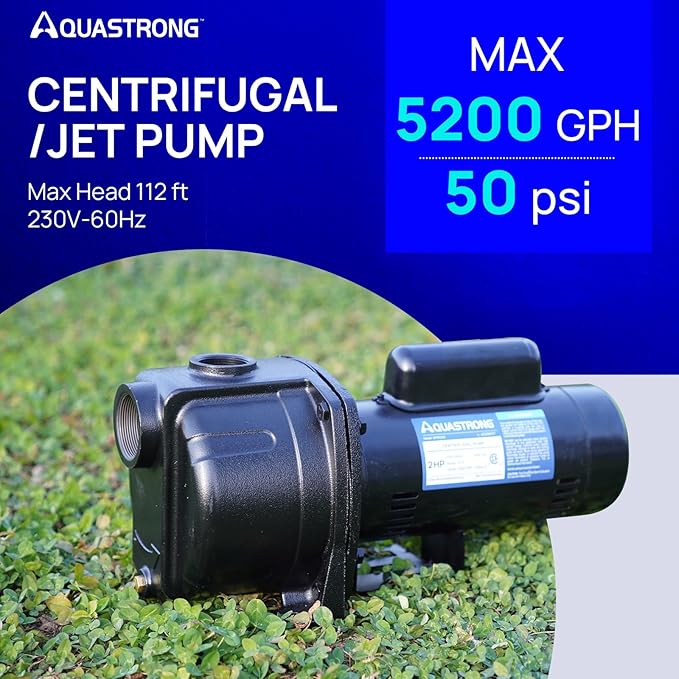 AQUASTRONG 2 HP Shallow Well Jet/Centrifugal Pump, 5200 GPH, 230V, Durable Cast Iron Booster Pump for Lawn Sprinkler, Garden Irrigation