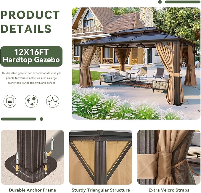 Aoxun 12'x16' Hardtop Gazebo, Aluminum Frame Permanent Pavilion with Curtains and Netting, Outdoor Polycarbonate Double Roof Canopy, and LED Outdoor Waterproof Hanging Lights