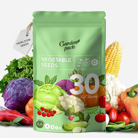 Garden Pack Vegetable Seeds Pouch - 30 Non-GMO Varieties, 10,000+ Heirloom Seeds for Planting Vegetables - Sealed for Survival Seeds Storage
