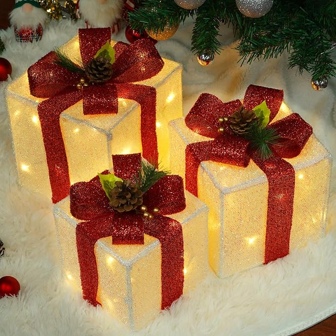 Set of 3 Christmas Lighted Gift Boxes, 60 LED Light Up Present Boxes for Christmas Decorations Indoor Outdoor Yard Xmas Tree Holiday Party Lawn Porch Home(Max. 8.5")