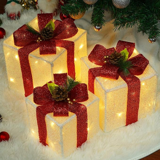 Set of 3 Christmas Lighted Gift Boxes, 60 LED Light Up Present Boxes for Christmas Decorations Indoor Outdoor Yard Xmas Tree Holiday Party Lawn Porch Home(Max. 8.5")