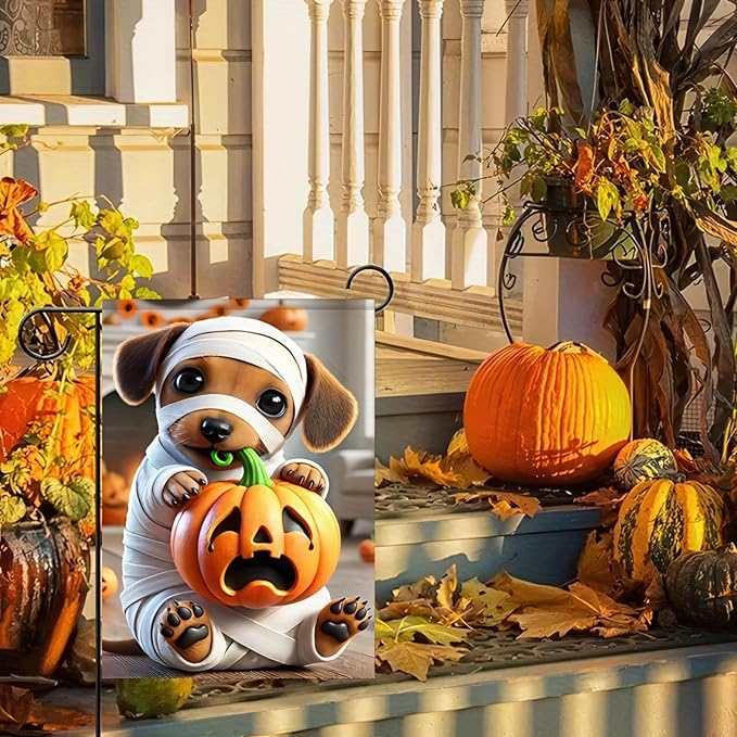 Garden Flags - 12x18 Inch Double Sided Trick or Treat Dachshund Halloween Dog Skeleton Decorations for Outside