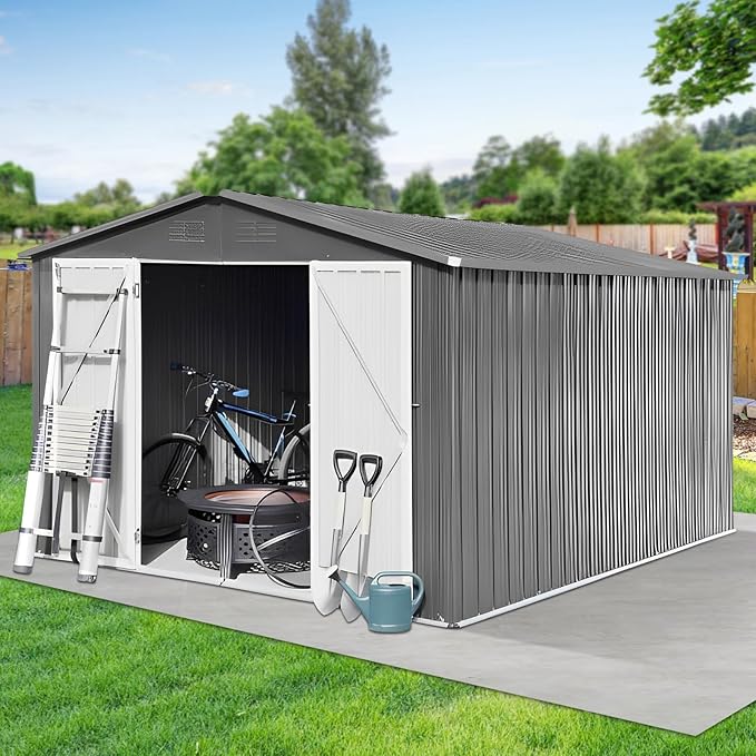 10x12 FT Metal Outdoor Storage Shed & Double Hinged Large Door - Heavy-Duty Shed with Floor, Lockable & Ventilation - Rainproof Windproof Large Utility Garden Shed for Backyard Patio Lawn - Light Gray