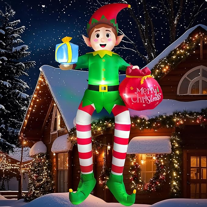 10FT Christmas Inflatable Outdoor Decoration, Sitting Elf Inflatable Christmas Blow up Yard Decorations with LED Lights, Elf Outdoor Decoration for Garden Lawn Roof