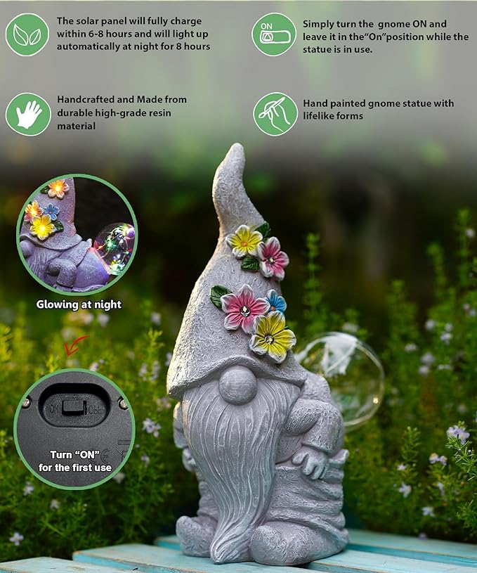 Qeeman Garden Decor Gnome Blow Bubbles: Outdoor Decorations Yard Art Statues for Patio Balcony Lawn Figurine - Gifts for Mom Grandma