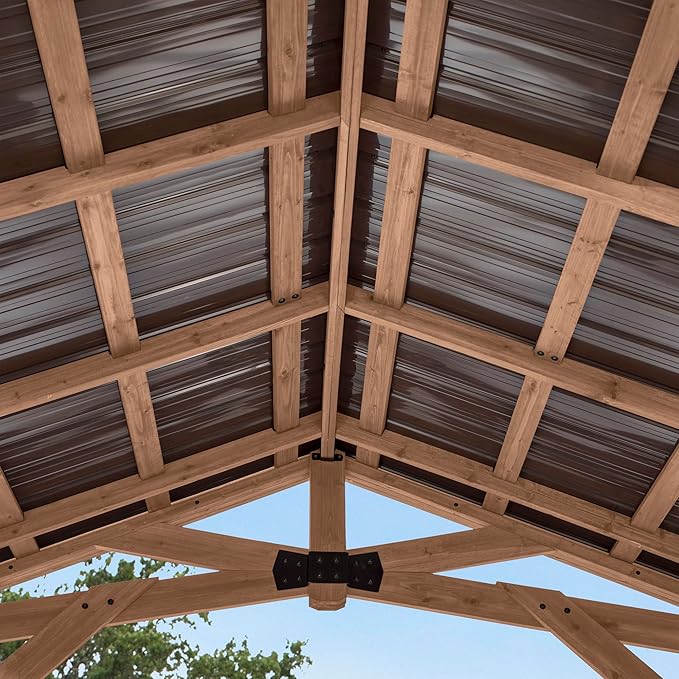 Backyard Discovery Norwood 14' x 10' Cedar Wood Outdoor Gazebo Pavilion with Hardtop Galvanized Steel Peak Roof, Snow Support, Wind Resistance, PowerPort, Shade for Garden, Patio, Deck, Entertaining