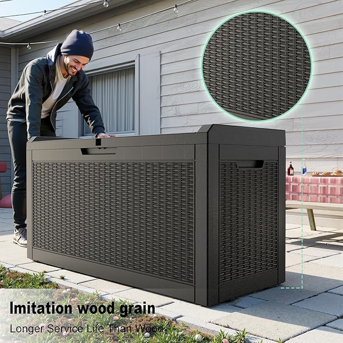 DRATO 60 Gallon Deck Box, Waterproof Resin Large Outdoor Storgae Box for Patio Furniture, Patio Cushions, Gardening Tools, Pool Supplies, Lockable