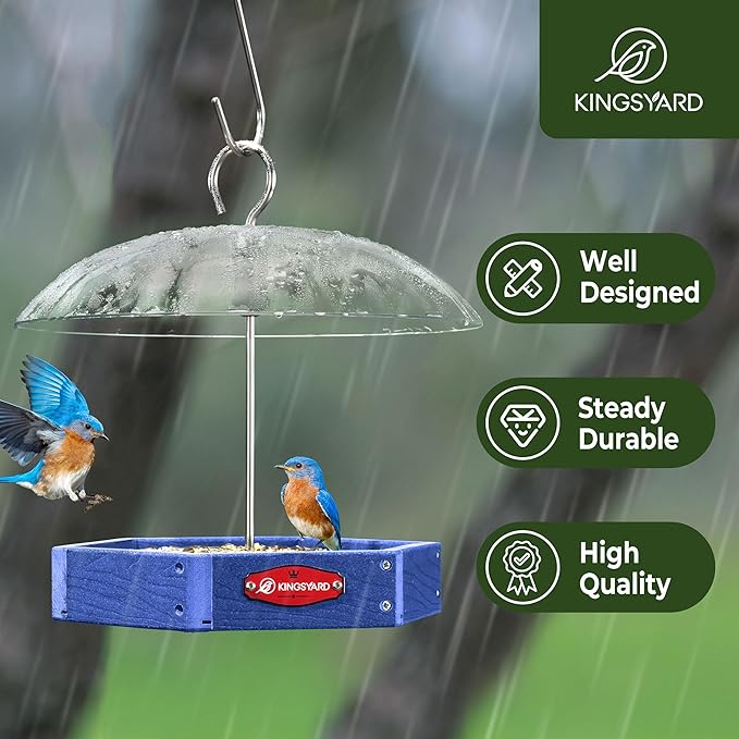 Kingsyard Large Platform Bird Feeder Outdoor Hanging, Adjustable Dome Squirrel Proof Rain Cover, Metal Mesh Tray Recycled Plastic Wild Bird Seed Feeding Station, Blue