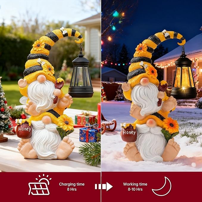 Solar Bee Garden Gnomes with LED Lantern – Waterproof Stacked Outdoor Decor for Yard, Patio – Unique Gnome Gift for Women, Mom, Grandma (Christmas Decor, Outdoor Statues)