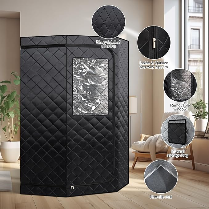 ZONEMEL Full Size Portable Steam Sauna, Personal Home Spa, 1500 Watt 4 Liter Steamer with Remote Control, Timer, Upgraded Portable Chair (Black, 63in-Height)