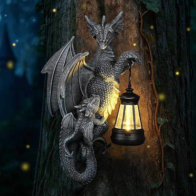 Solar Garden Decor Dragon Tree Hugger Garden Statues Lawn Ornaments for Outside Balcony Yard Whimsical Art Outdoor,Medieval Fantasy Halloween Decor
