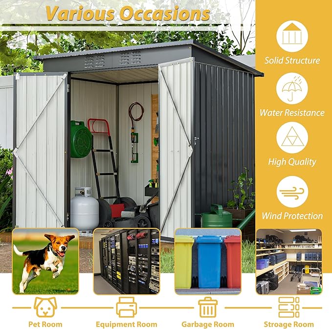 6x4 FT Shed Outdoor Storage Metal Large Garden Tool Sheds with Lockable Doors Floor Frame Sloped Roof Waterproof Steel Utility Equipment Shed for Backyard Patio Lawn Poolside, Black