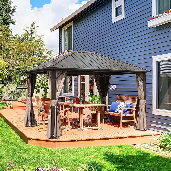 Domi 10'x12' Hardtop Gazebo Canopy,Outdoor Metal Gazebo with Galvanized Steel Roof,Curtain and Netting,Permanent Gazebos Pavilion for Patio Deck,Backyard