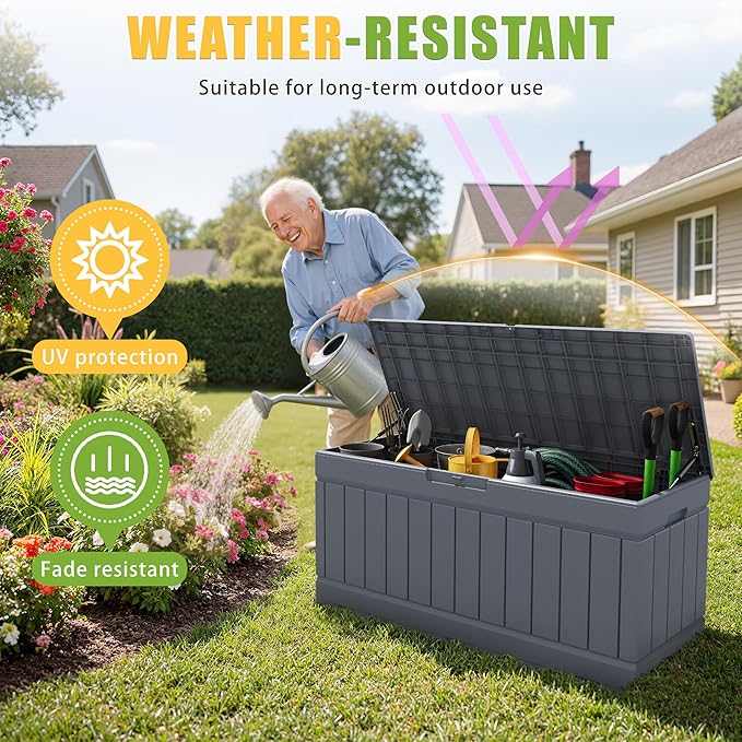 Greesum 82 Gallon Resin Deck Box Large Outdoor Storage for Patio Furniture, Garden Tools, Pool Supplies, Weatherproof and UV Resistant, Lockable, Gray