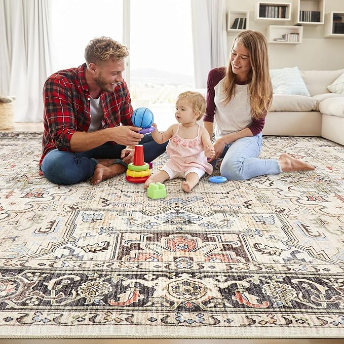 10x14 Area Rugs for Living Room - Large Carpet Ultra Thin Soft Washable Oriental Vintage Floral Distressed Rug Big Indoor Carpets for Bedroom Nursery Dorm Home Decor Aesthetic - Multi