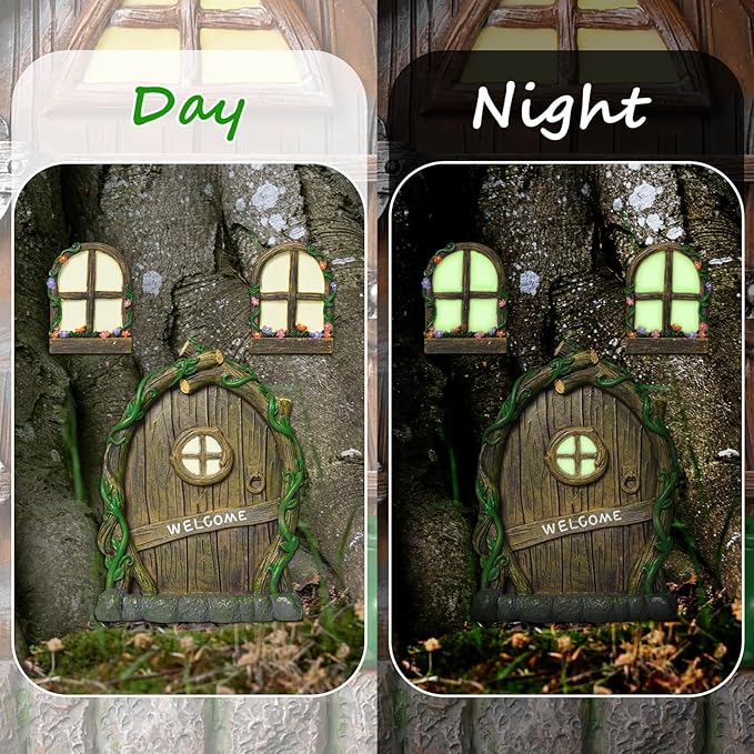 Resin Fairy Door and Window with Lantern for Trees,Glow in The Dark,Miniature Fairy Garden Accessories,Garden Outdoor Decorations for Trees,Gnomes House,Elf House