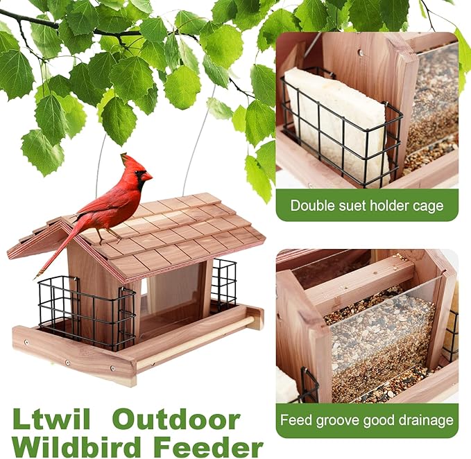 Large Cedar Wood Bird Feeder for Outdoors Hanging With 2 Suet Cages - Waterproof Garden Decoration