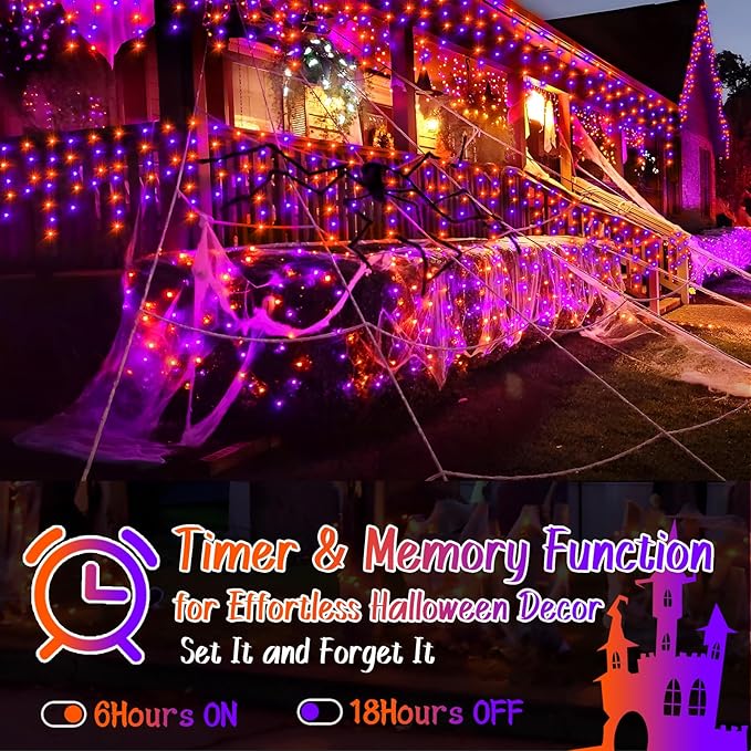 KNONEW 99FT 960 LED Orange Purple Halloween Lights Outdoor Black Wire String Lights with 180 Drops, 8 Lighting Modes, Timer Memory Function Hanging Curtain Lights for Halloween Party
