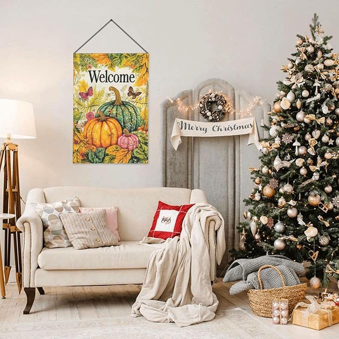 Welcome Fall Pumpkin Garden Flag Vertical Double Sided Outdoor Yard Flags 12.5x18 Inch Burlap Banners for House Lawn