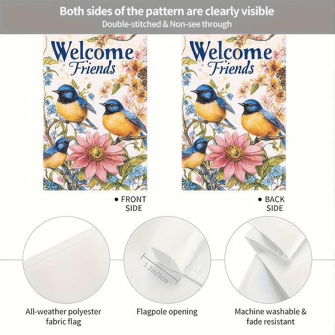 Garden Flag Hello Spring Yard Flag Garden Decoration 12x18 Inch Double Sided Welcome Friends Bluebirds Floral Design Outdoor Yard Banner for Spring and Summer Decoration