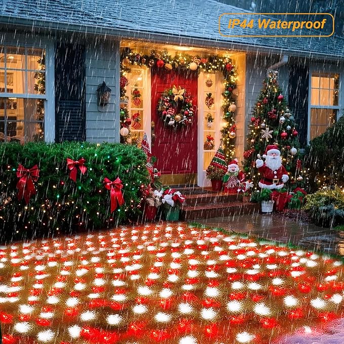 Pooqla Christmas Net Lights, 300LED Outdoor Net Mesh Lights, 14.8x4.9 ft Fairy String Lights 8 Modes Green Wire, Connectable Waterproof Decorative for Bushes Tree Garden Halloween, Red and White