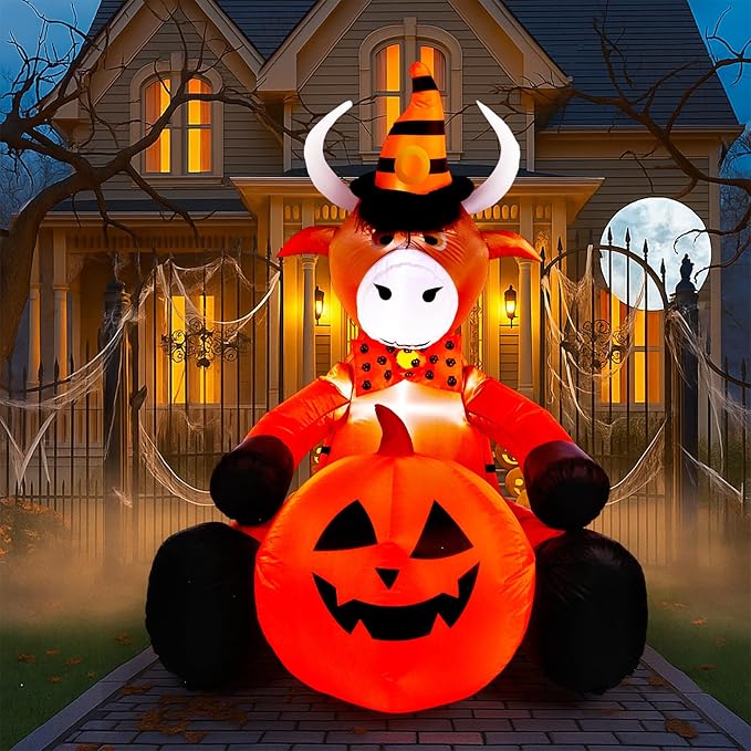 Soulchen 5FT Halloween Inflatable Highland Cow Outdoor Decorations with Witch Hat Holding Pumpkin Built-in LED Lighted Halloween Blow up for Yard Garden Lawn Holiday Party Decor