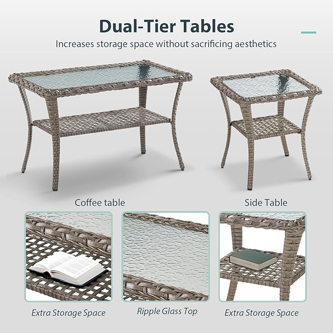 7 Piece Patio Furniture Set - Wicker Patio Conversation Set with Swivel Glider, 3 Seat Sofa, 2 Ottomans, Glass Side Table and Coffee Table for Deck Backyard - Grey Wicker Red Cushion