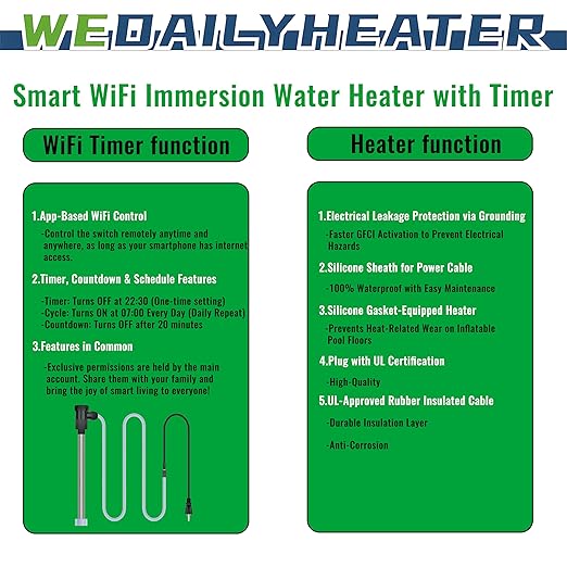 1800W Fully Submersible Water Heater for Bathtub & Swimming Pool – Portable Immersion Electric Heater with WiFi Timer & Auto Shut Off for Hot Tub, Above Ground Pool and Inflatable Pool