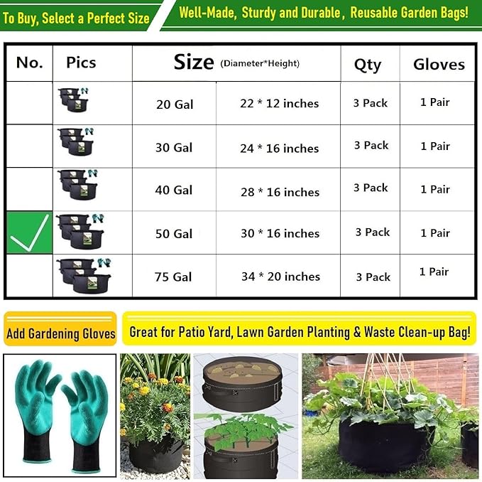 3-Pack 50 Gallon Thickened Plant Grow Bags Large (30x16 in) Heavy Duty Garden Bag Fabric Plant Pots for Potato,Tomato Planter,Herbs Veggies Planting,Flower Pots,Barrel Planter,Yard Waste Bag,Leaf Bags