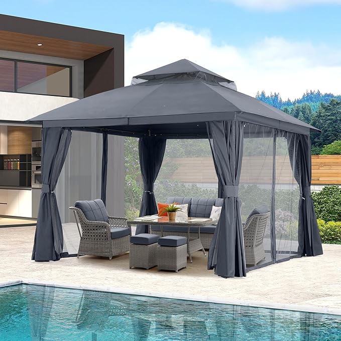 MASTERCANOPY 11'x11' Outdoor Patio Arch Gazebo with Double Roofs, Mosquito Nettings and Privacy Screens for Backyard, Garden, Lawn, Dark Grey