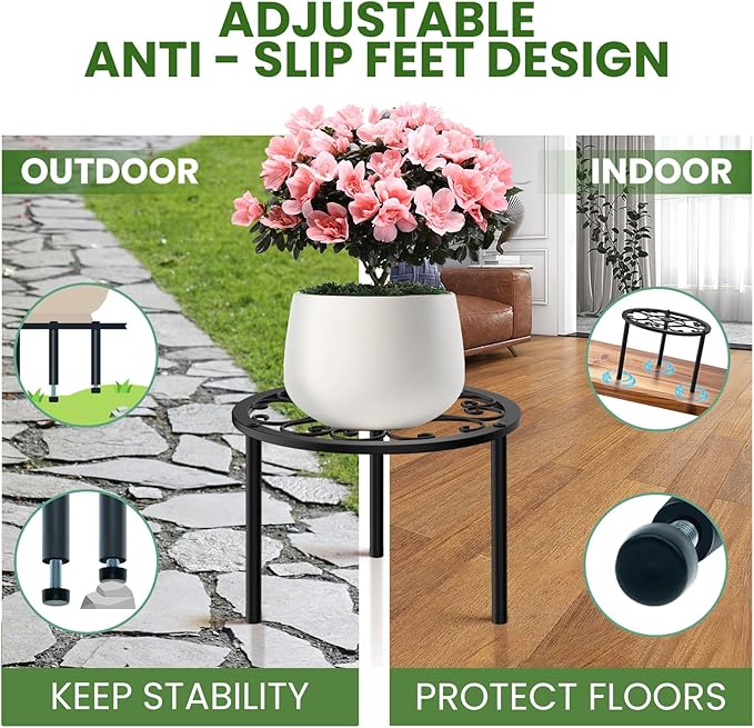 TOSKING Heavy Duty Metal Plant Stands - 10-inch Decorative Round Plant Stand, Adjustable Leveling Feet & Rust-Resistant Finish for Indoor/Outdoor Use
