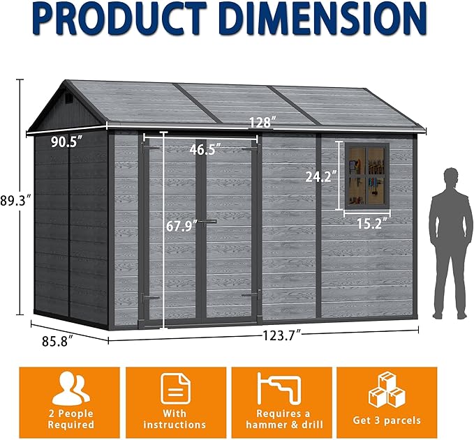 10x8 FT Resin Outdoor Storage Shed with Floor, Weather-Resistant Plastic Garden Shed with Windows, Lockable Door and Vents, Outside Tool Storage Sheds for Backyard, Garden, Lawn, Wood Grain