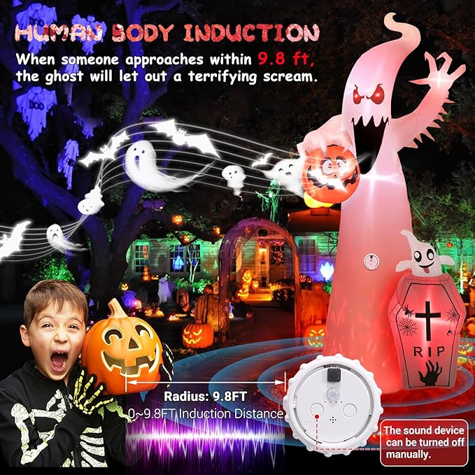 Elegear 12FT Halloween Inflatable Blow Up with Motion-Activated Screaming, 8-Mode Color Changing Flame Lights, Spooky Ghost Halloween Inflatables Outdoor Decorations for Yard Lawn Garden Porch Party