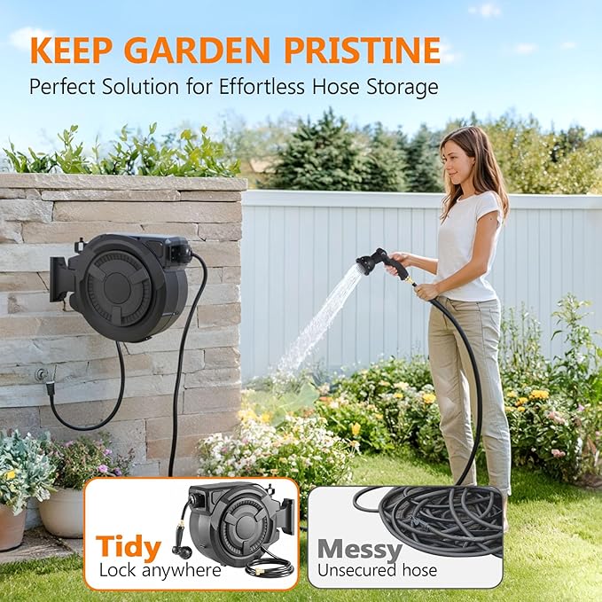 Retractable Garden Hose Reel 1/2 in x 100 ft, Heavy Duty Wall Mounted Hose Reel with 10- Function Sprayer Nozzle, Any Length Lock/Automatic Slow Return System/180°Swivel Bracket/UV Resistant (Black)