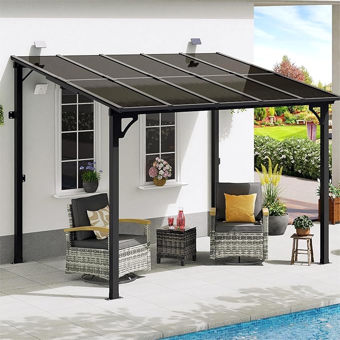 MEISSALIVVE 8' x 10' Wall Mounted Lean to Metal Awnings with Sloped Roof, Outdoor Patio Gazebo Awning for Backyard, Deck, Black