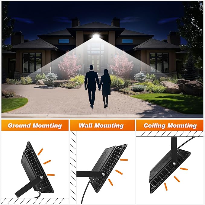 100W LED Flood Light Outdoor, 2Pack 10000LM Super Bright, IP66 Waterproof Outside Work Lights, 6000K Daylight White Security Lights, Plug in Flood Light for Yard Garage Garden Patio