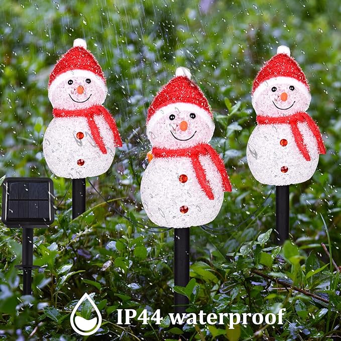 3PCS Snowman Shape Solar Christmas Lights Decorations, Solar Landscape Pathway Stakes Lights, Outdoor Christmas Lights Decor for Garden, Yard, Porch (Red Hat-Warm White)