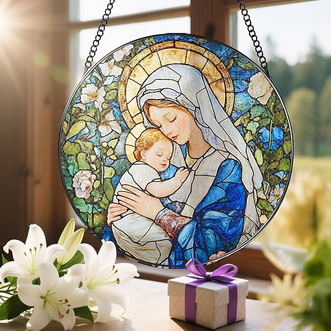 8 Inch Virgin Mary Stained Glass Suncatcher, Suncatchers for Windows Hanging, Baby Jesus Window Decoration, Religious Suncatcher, Catholic Window Hanging, Gift for Religious, Christian Gifts