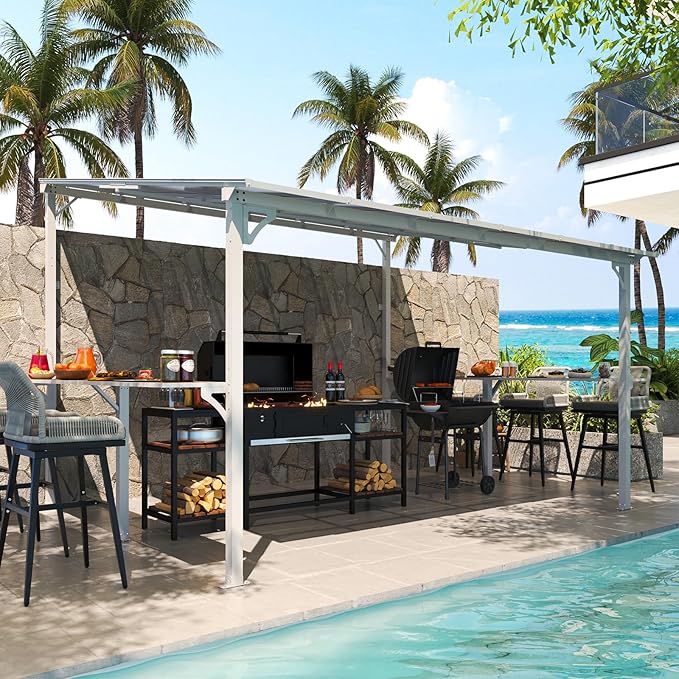 MEISSALIVVE 10' x 12' Wall Mounted Gazebo, Outdoor BBQ Grill Gazebo with Side Shelf, Lean to Metal Awnings with Sloped Roof, Heavy Duty Pergola for Backyard, Deck, White