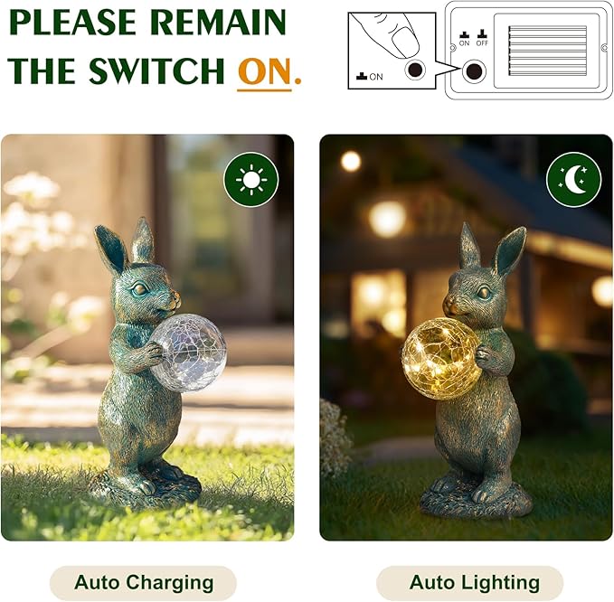 MININOVA Garden Outdoor Statues Rabbit with Solar Light Bunny Figurines Decorations with Wider Base & Reinforced Weight for Patio Yard Lawn Ornaments Gifts for Birthday Christmas Housewarming