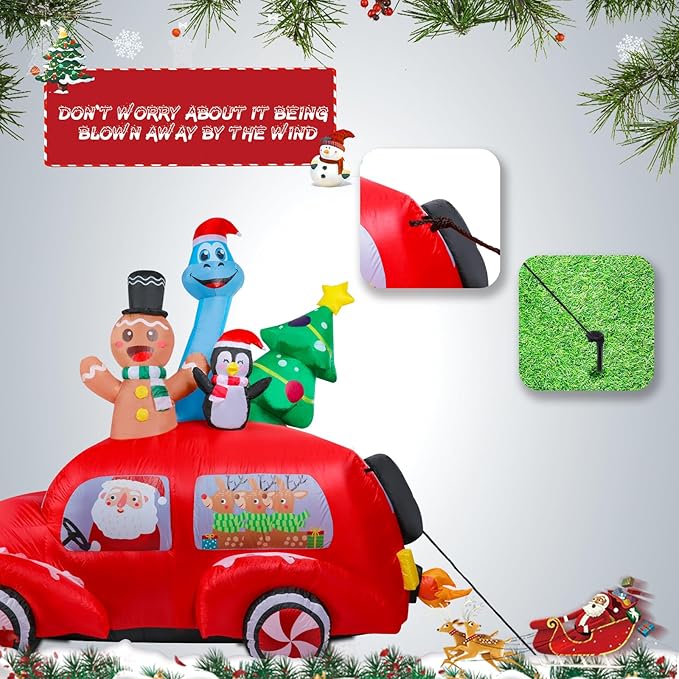 7.5 FT Long Christmas Inflatables Gingerbread Man Penguin Dinosaur with Xmas Tree and Santa Outdoor Decorations, Inflatables Car Blow up with Built-in LED Lights for Party Lawn Outdoor Yard