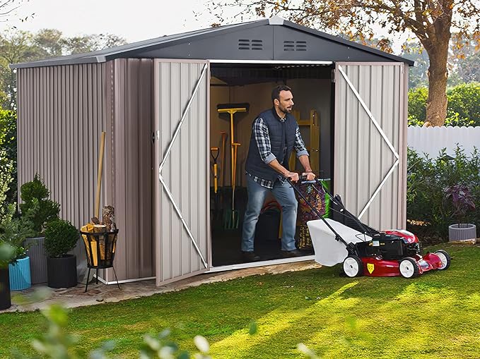 U-MAX 8' x 10' Shed Outdoor Storage Shed Clearance, Extra Large Yard Steel Metal Garden Shed with Design of Lockable Doors, Tool and Utility Storage for Backyard, Garden, Patio, Outside use in Taupe