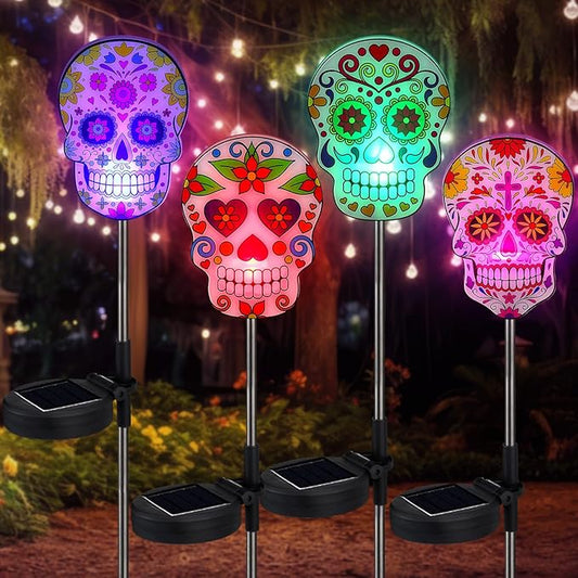 Retisee 4 Pack Day of The Dead Sugar Skull Solar Lights with Stakes Outdoors Skull Solar Yard Decorations Waterproof Lights for Halloween Outdoor Garden Lawn Patio Porch Pathway Decor Favors
