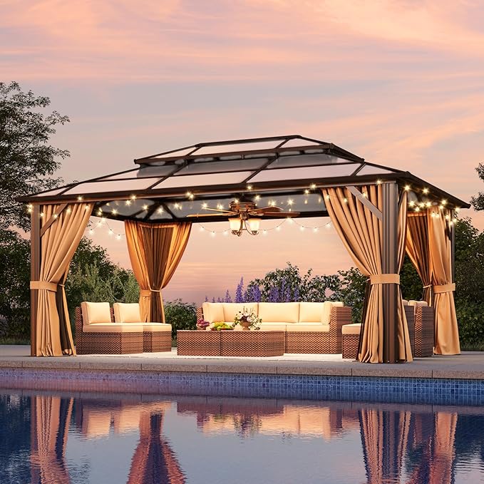 Aoxun Hardtop Gazebo, Aluminum Frame Permanent Pavilion with Netting and Curtains, Outdoor Polycarbonate Double Roof Canopy, Designed for Lawn, Garden, Patio (Brown, 12'x16' with Ground Anchor)