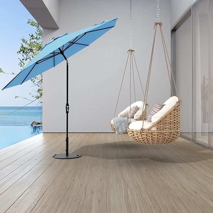Midtown Umbrellas The Swilt 8 Feet Patio Umbrella in Sunbrella Capri Acrylic Fabric - Fiberglass Ribs, Auto-Tilt Aluminum Frame For Backyard, Deck, Garden, Pool - White Pole