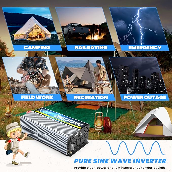 12V 2500W Pure Sine Wave Inverter 12V DC to 110V/120V AC Converter with 4AC Outlets, 5V/3.4A USB, Remote Control with on-Screen Display, Off-Grid Solar Power Inverter for Truck, Home, Vehicles, RV