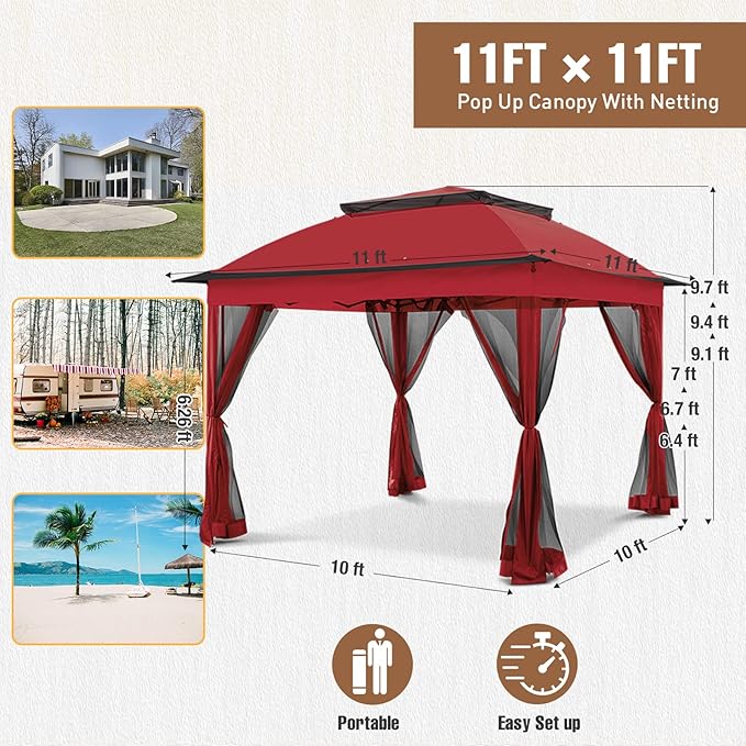 11x11 Outdoor Pop up Gazebo Tent with Mesh Walls for Patio, Lawn, Backyard and Deck, Red